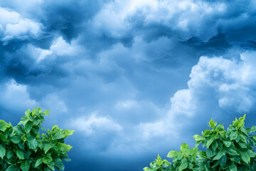Lush green foliage frames a dramatic, stormy blue sky