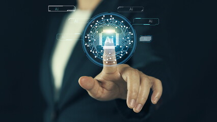 Ai technology, Artificial Intelligence. man using technology smart robot AI, artificial intelligence by enter command prompt for generates something, Futuristic technology transformation.