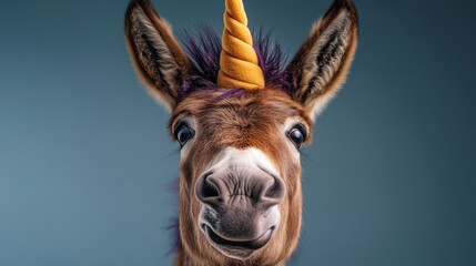 Fototapeta premium Donkey with a unicorn horn on its head is smiling. The image has a playful and whimsical mood