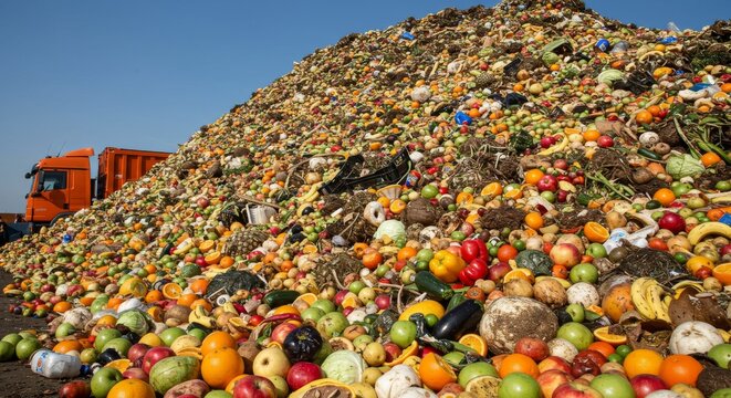 A massive mountain of wasted and spoiled fruits and vegetables
