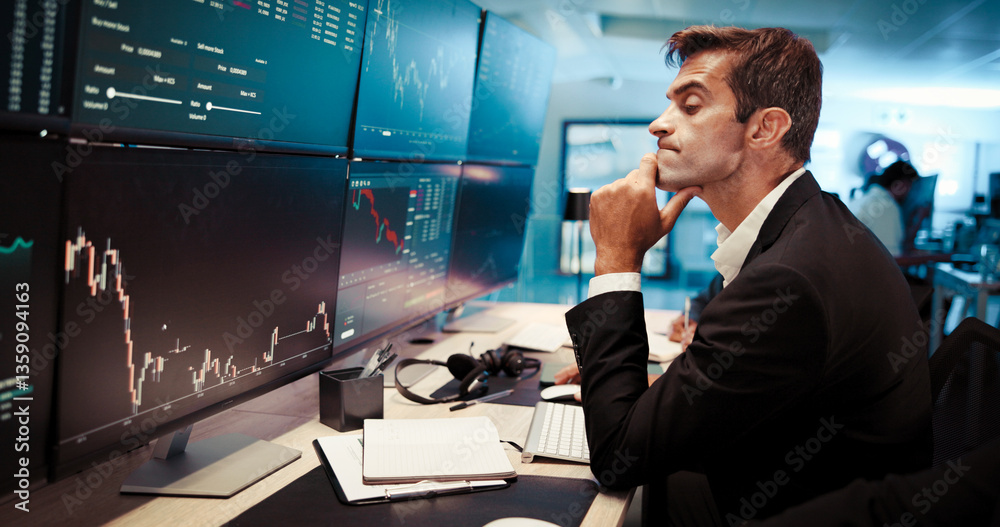 Poster Man, stress and stock market crash with screen in office, profile and mistake with value on graphs. Person, computer monitor and trading with pressure, charts and lost profit at investment agency