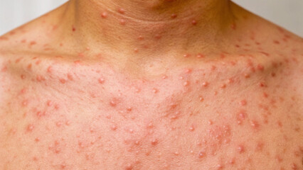 Fototapeta premium Skin condition with red bumps and lesions on chest and neck area under natural light