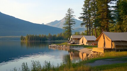 Fototapeta premium Tranquil camping site by the lake tents facing the water serene reflections surrounded by nature's beauty. 