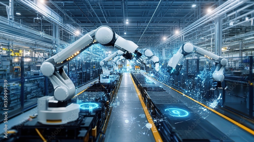 Poster advanced smart factory with robotic arms and data graphics