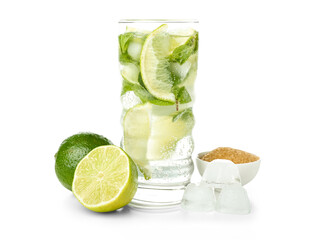 Glass of tasty mojito and ingredients on white background