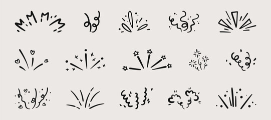 Festive firework explosion set isolated on white background. Vector illustration of hand drawn confetti burst effect, party firecracker sparks, abstract spiral doodles, lines with stars and hearts