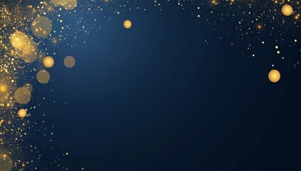A dark blue background with golden glittering particles, light gold and navy colors, creating an atmosphere of celebration for New Year's Eve.