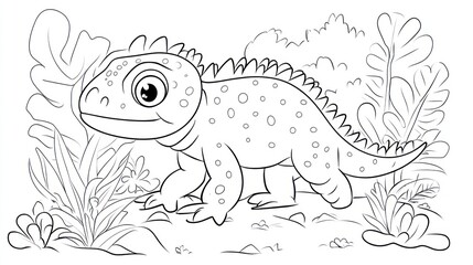 Cute cartoon lizard, walking in a jungle, coloring book, kids activity
