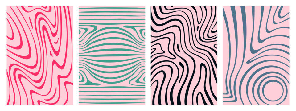 Optical illusion wave patterns set - topographic curves, zebra stripes, twisted lines, spirals. Abstract psychedelic vector background for flyer, cover design. Hypnotic wavy striped texture collection