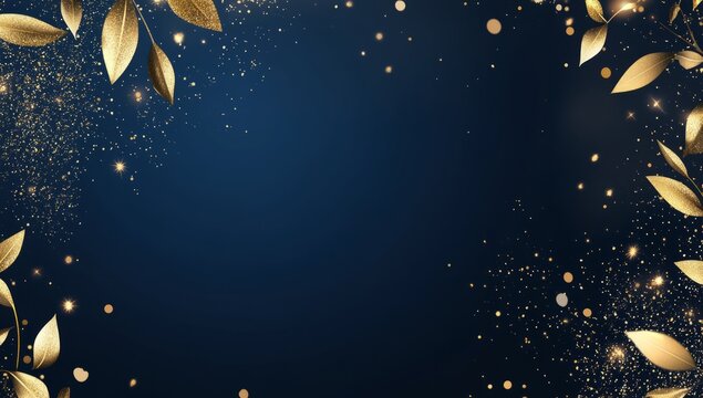 A dark blue background with golden glittering particles, light gold and navy colors, creating an atmosphere of celebration for New Year's Eve.
