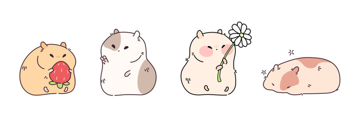 Cute cartoon hamster characters holding strawberries and flowers. Chubby rodent pet mascots, funny kawaii domestic animals with chunky bodies. Simple doodle drawing decoration design element set.