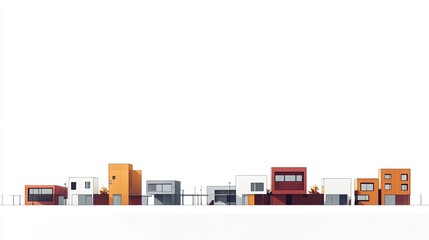 Obraz premium Wide horizontal stripe illustration of a real estate facade simple flat-color houses aligned in a modern housing scheme clean white background. 