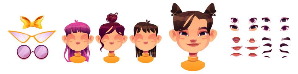 Girl avatar constructor elements set - cartoon female head with various hairstyles, sunglasses, mouth and eye shapes. Cute child character creation kit, funny emoji face building spare parts.
