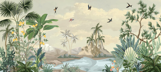 Tropical Wall Mural Design, Tropical plant, River , Sky, Watercolor tropical plant Background © Sharif