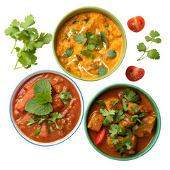 Three vibrant bowls of delicious curry dishes with fresh herbs on a dark background. white background