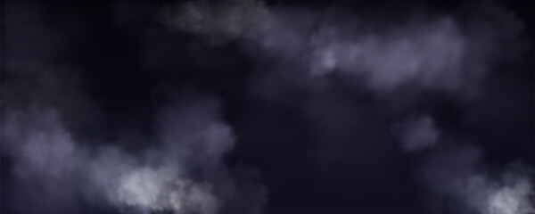 Stormy dark sky background with swirling smoky gray clouds for atmospheric, dramatic scenes or mysterious, sinister designs. Grayscale foggy air texture, moody weather ambiance vector illustration.