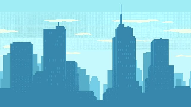 Day time cityscape animated pixel art. High buildings silhouette and clouds. 2d pixel video-game background animation of daytime with modern skyscrapers in city. Seamless loop 4k video.