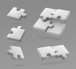 White 3d puzzle pieces, various shapes for completing jigsaw game. Realistic render of different matching elements, square corners and rounded edges for business solution, partnership and teamwork.