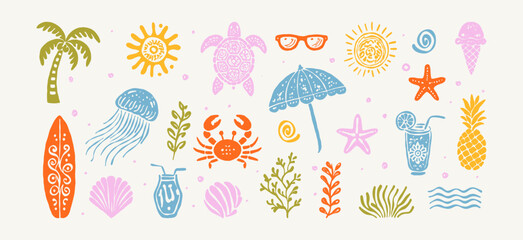 Summer Doodle Icon Set – Hand Drawn Tropical Elements Including Sun, Palm Tree, Jellyfish, Turtle, Surfboard, Cocktail, Swimsuit, Coral, Sea Creatures and Vacation Symbols. Vector Illustration Pack