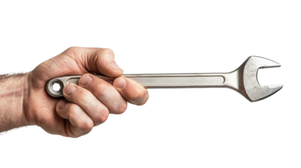 Close-up of a male hand gripping a shiny wrench, showcasing strength and focus in a tool-focused setting.