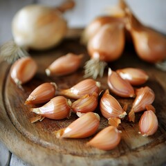Closeup of Fresh Organic Shallot Bulbs on Wooden Board