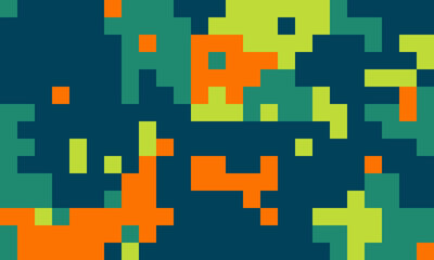 Vibrant pixel art background.  Abstract geometric design with bold orange, green, and teal squares. Ideal for tech, gaming, or modern design projects.