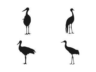 crane standing silhouette icon. Heron bird logo, heron, heron flying. Silhouette or shadow black ink icons of crane birds or herons flying and standing set. Vector illustration on a white background.