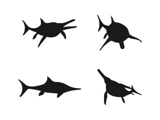 Ichthyosaurus Dinosaur Silhouette Vector Isolated. Sea dinosaur black silhouettes of vector Jurassic animals or monsters. tylosaurus and sauropterygia. Vector illustration on a white background.