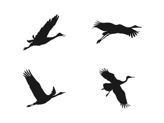 Silhouette or shadow black ink symbol of a crane bird or heron flying icon.  black hand drawn flying crane bird. Black flying crane bird silhouette. Vector illustration on a white background.