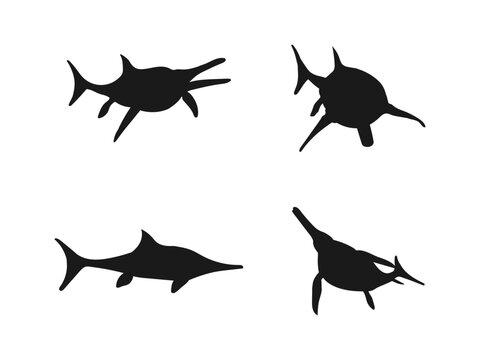 Ichthyosaurus Dinosaur Silhouette Vector Isolated. Sea dinosaur black silhouettes of vector Jurassic animals or monsters. tylosaurus and sauropterygia. Vector illustration on a white background.