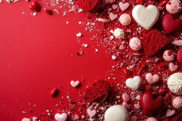 Fototapeta premium Heart candies arrangement on red background. Decoration for a party or event