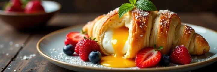 Flaky croissant, runny eggs, cheese, fresh berries, colorful sauce , mealprep, healthy, stockphoto