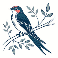 Vector illustration of a cute bird on a branch with leaves and flowers, designed in a floral, nature-inspired style