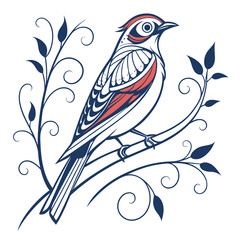 Vector illustration of a bird on a branch with floral and spring elements