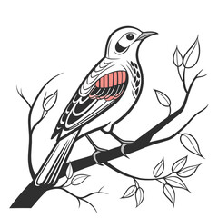 Vector illustration of a bird on a branch, featuring a silhouette of a parrot with wings and a beak in nature