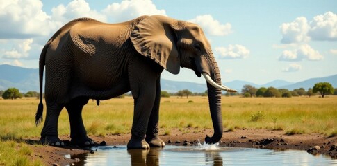 Fototapeta premium Large African elephant lowers trunk to drink from watering hole, africa landscape, tusks, wild animal