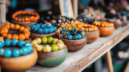 Colorful Handcrafted Beaded Jewelry Displayed in Wooden Bowls