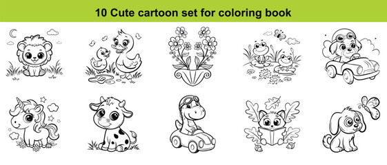 10 Cute Cartoon Set for Coloring Book