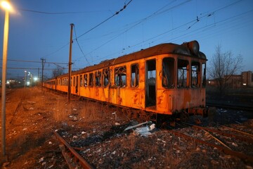 Obraz premium Derelict train abandoned on tracks at dusk after damage, for nostalgic uses