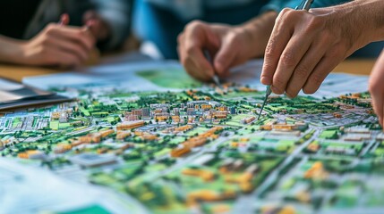 Fototapeta premium Architect reviewing comprehensive town plans sustainable urban infrastructure green zones community-oriented focus. 