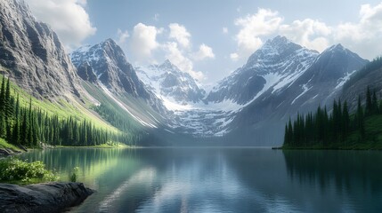 Naklejka premium A serene mountain lake reflecting snow-capped peaks, surrounded by lush green forests