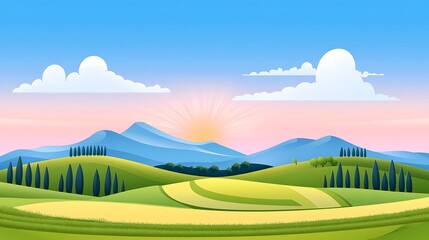 Obraz premium Serene Sunset Landscape Rolling Hills Green Fields Cypress Trees