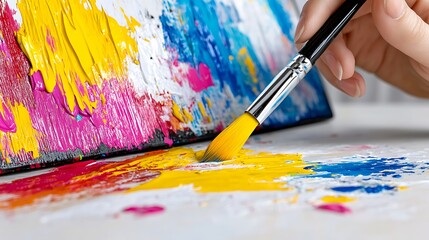 Obraz premium Vibrant Acrylic Painting Artist Hand Paintbrush Colorful Abstract Art