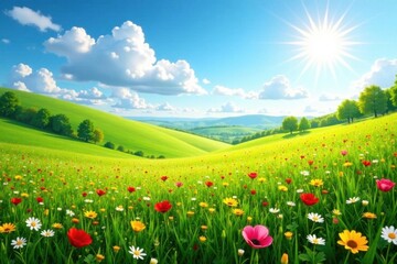 Sun-drenched meadow, vibrant wildflowers, rolling hills, lush green grass, wildflower meadow, spring
