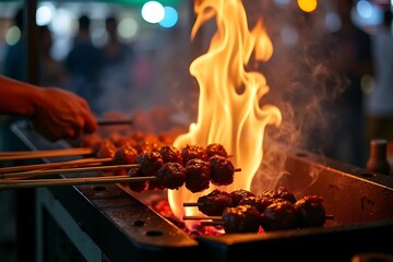 Sizzling skewers ignite the night with fiery grill smoke