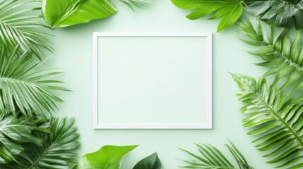 Green leaves surround a blank white frame on pale background