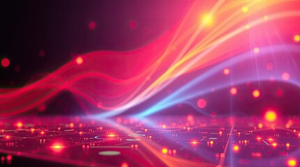 Obraz premium Abstract digital landscape featuring flowing light and network grid