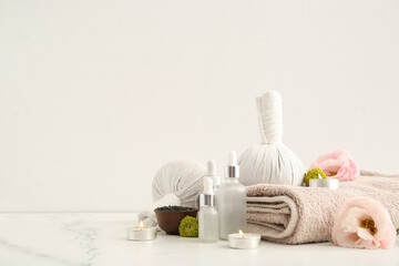 Set of spa supplies on white background
