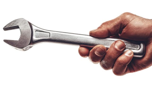 A close-up of a hand gripping a shiny wrench, perfect for mechanical or DIY themes.