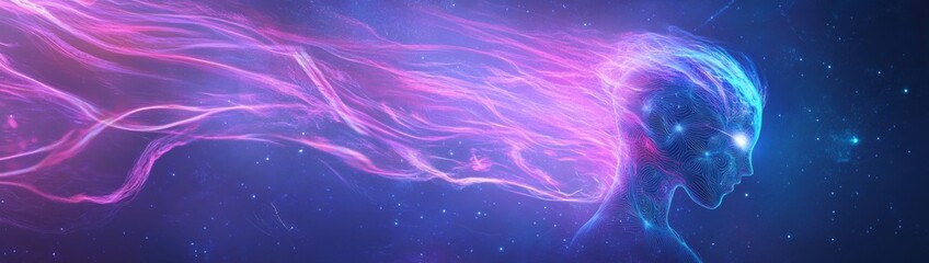 Abstract Digital Art of a Profile Head with Glowing Lines and Colors, an Intricate Representation of the Mind